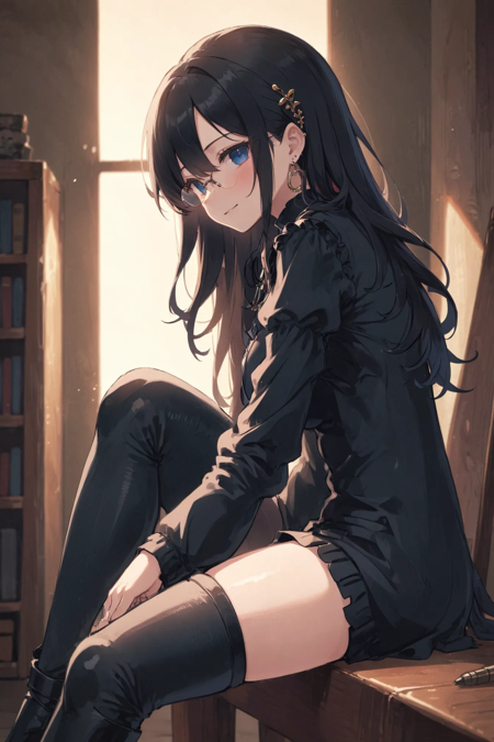 02094-2217322688-anime, 1girl, solo, indoors, black hair, black shirt, blue eyes, boots, closed mouth, crossed legs, ear piercin.webp